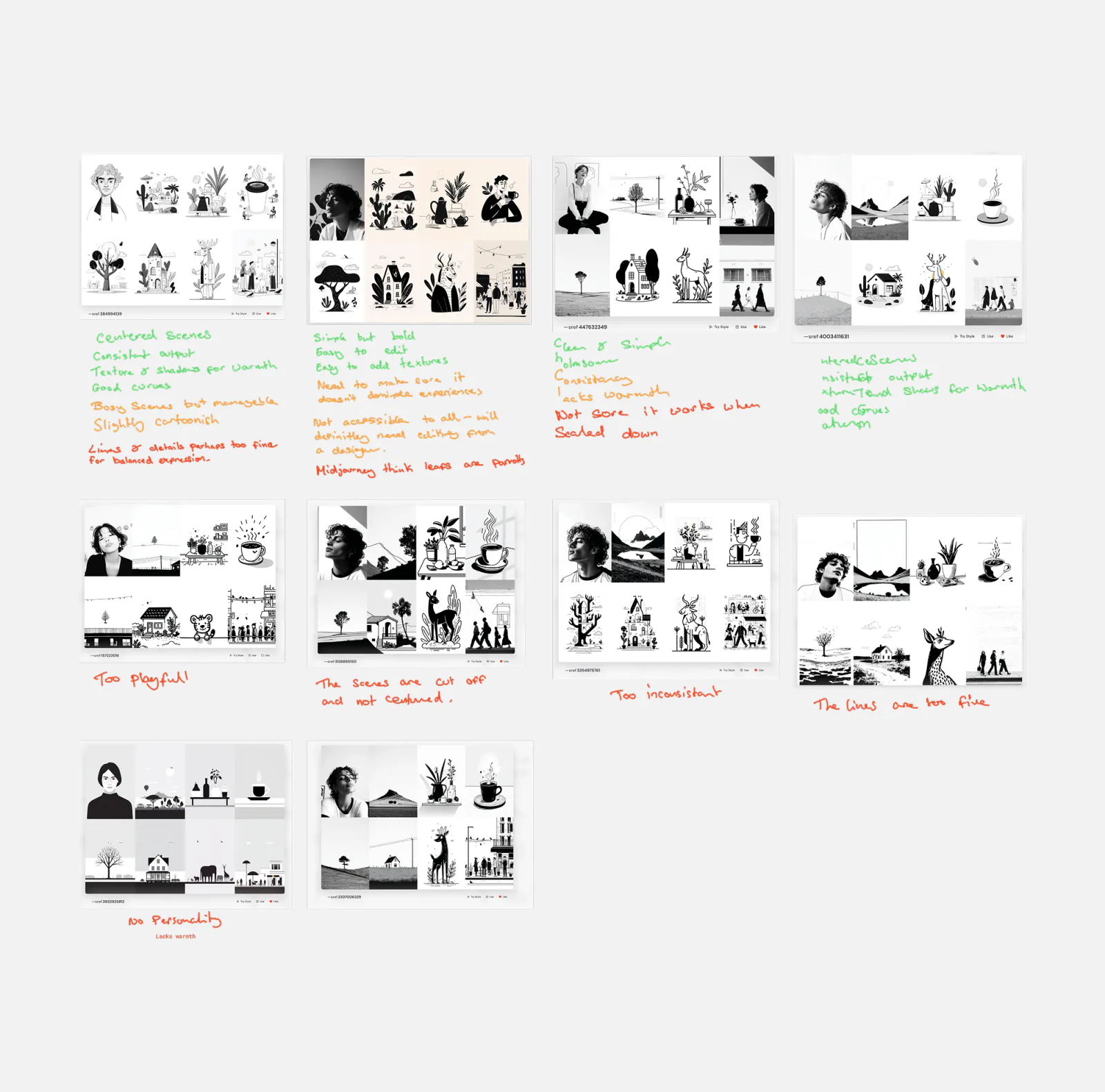 Ten Midjourney style reference boards annotated in green and red, with notes on centred scenes, consistent output, warmth and line weight.