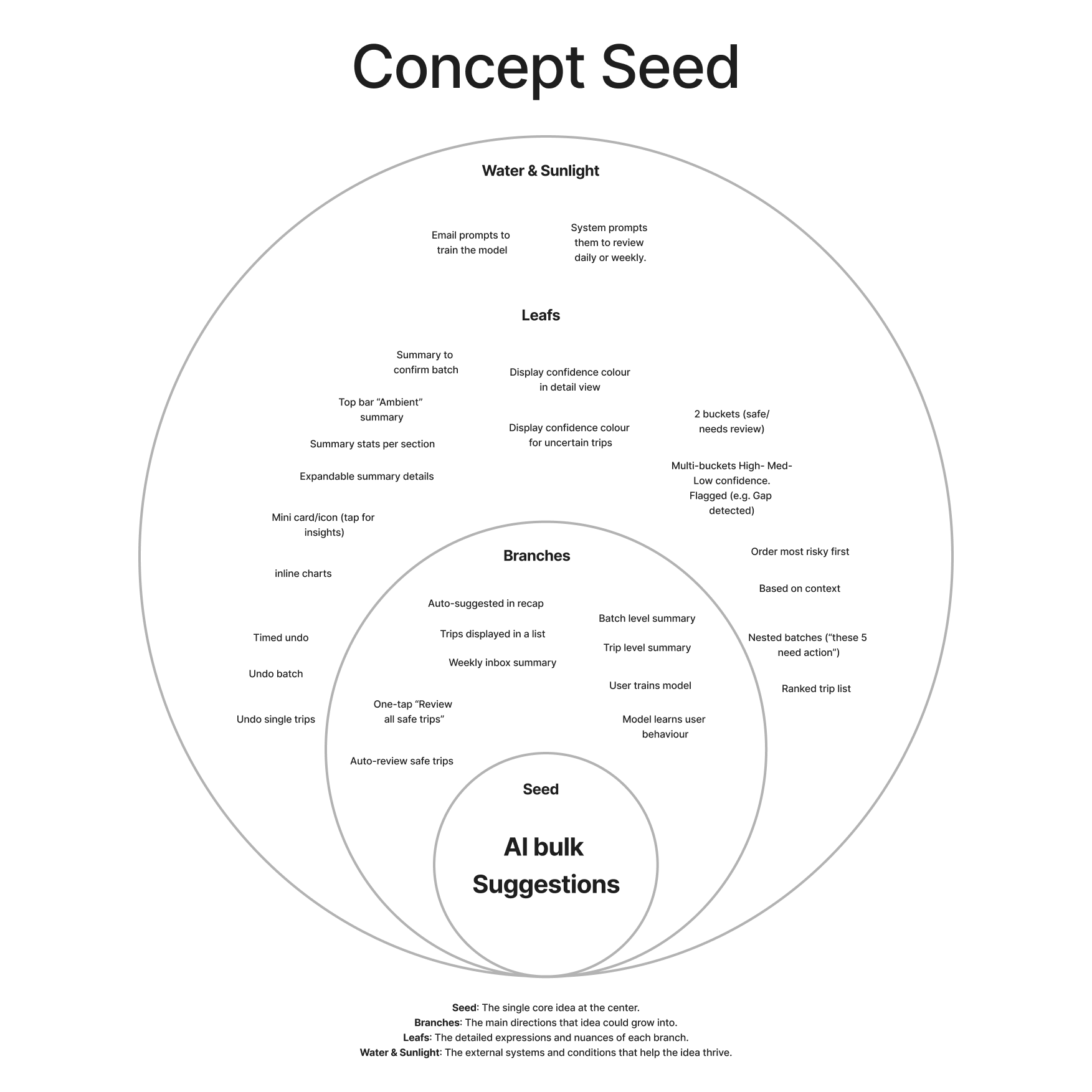Concept seed: one idea at the centre, expanded into directions, details, and conditions.