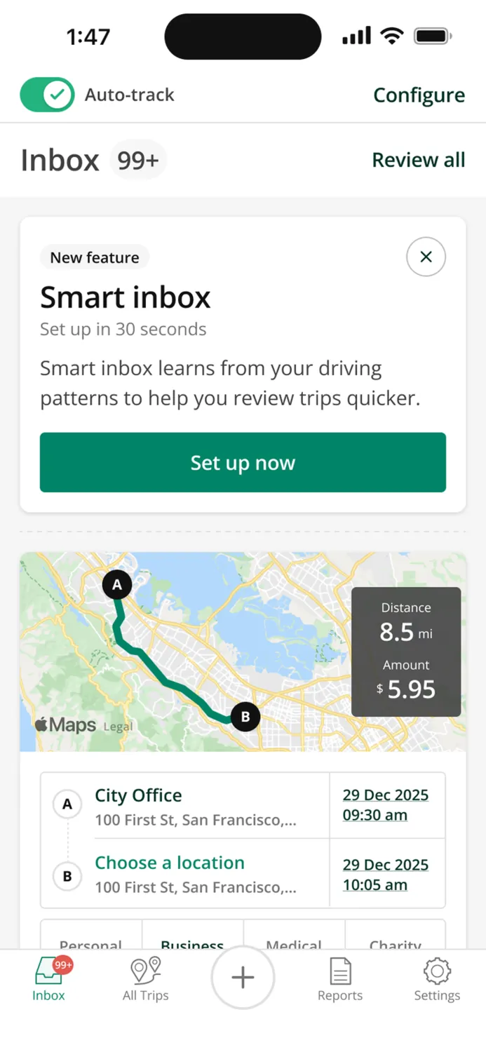 Revised Smart Inbox opt-in card: New feature, Set up in 30 seconds, Set up now.