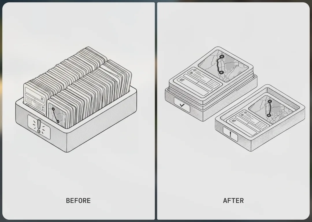 Before and after: one overflowing inbox of near-identical trips becomes two trays, a Ready tray carrying a summary card and a Needs Review tray flagged for attention.