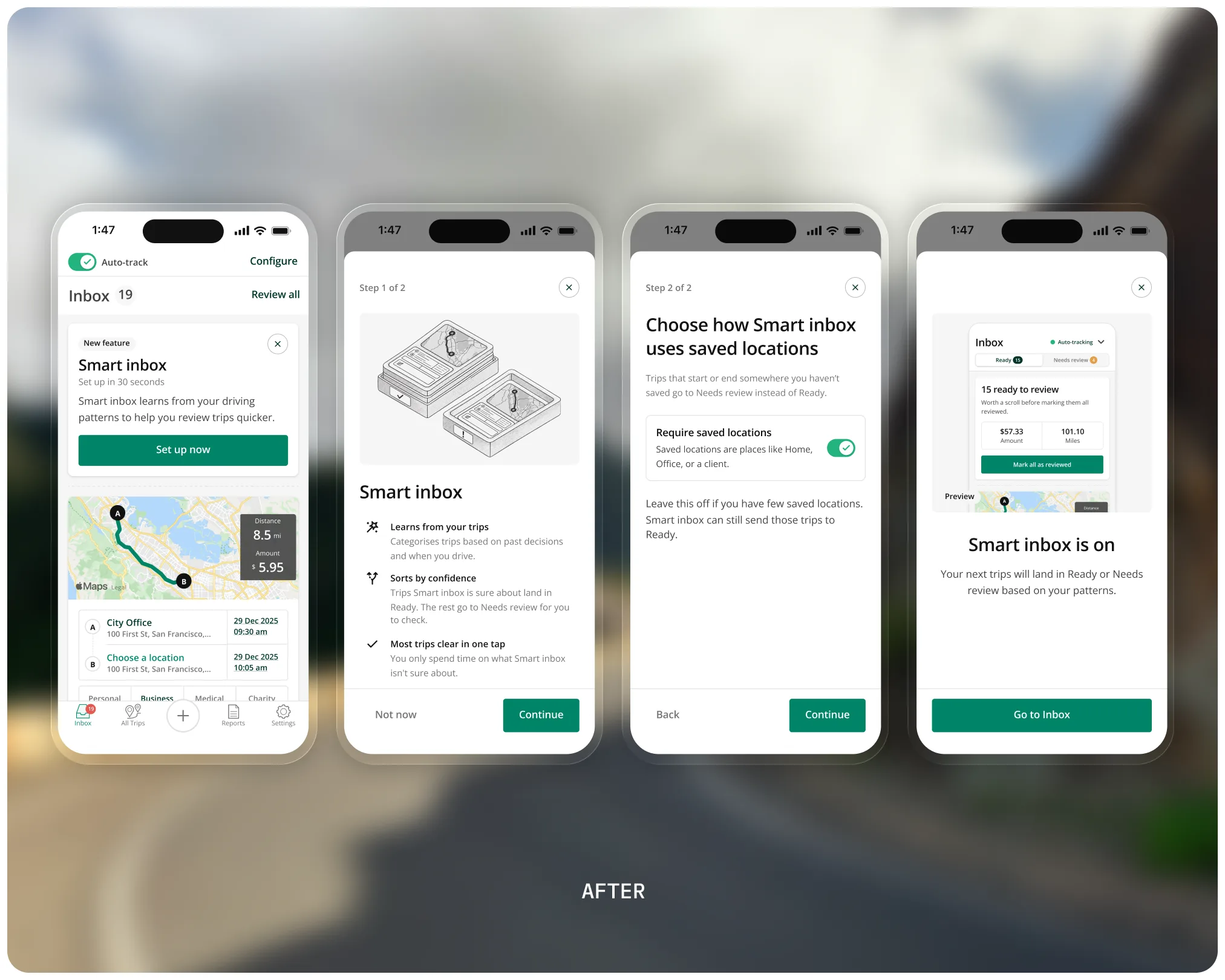 Revised setup on a light backdrop: the entry card now reads as a new feature to set up in thirty seconds, leading into a two-step flow and a Ready and Needs Review preview.