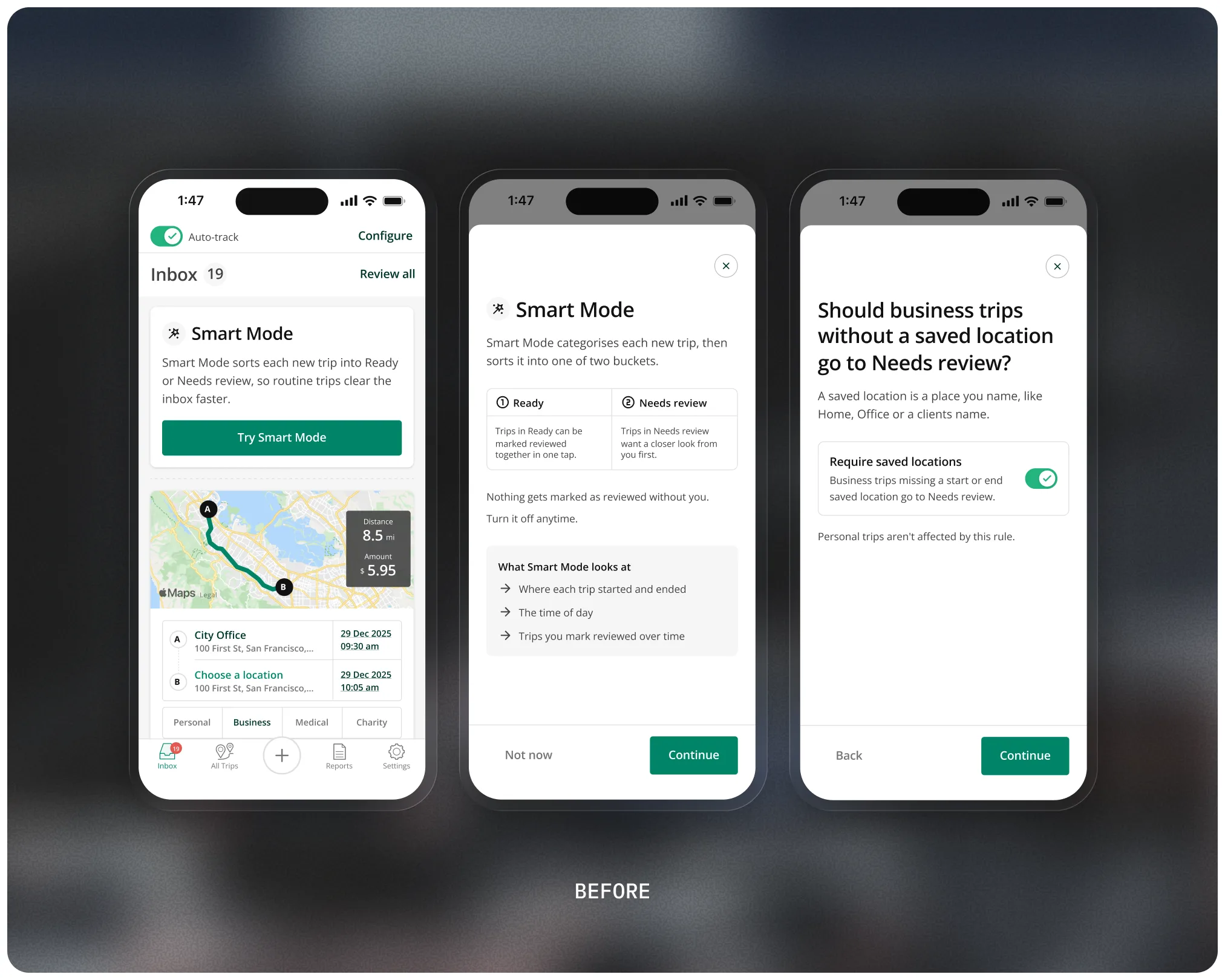 First-pass setup on a dark backdrop: an inbox where the Smart Mode card sits above a trip, reading like the app describing what it already did rather than a new feature to switch on.